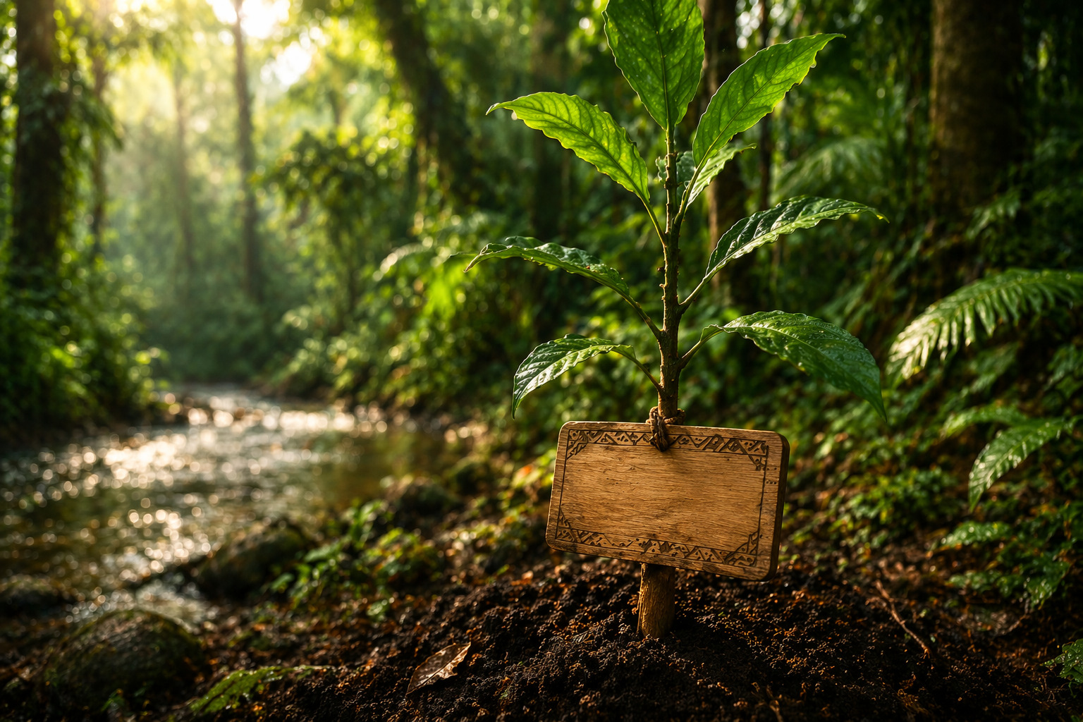 Plantation d'un arbre en Amazonie avec panneau personnalisé